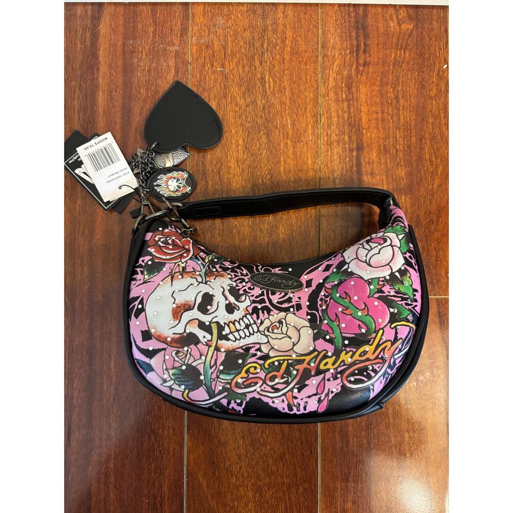 NWT Ed Hardy Black / Pink Skull Rose Tattoo Purse Bag Hobo MSRP $70